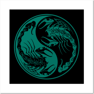 Teal Blue and Black Scorpions Yin Yang Posters and Art